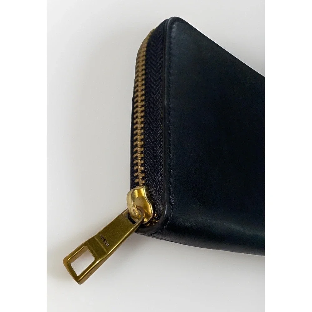 Fossil Black Leather Zip Around Wallet Gold Tone Hardware Continental